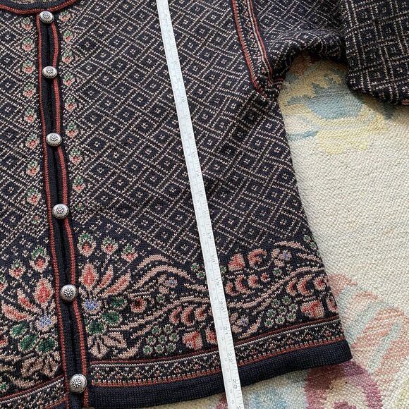 Vintage Dale Of Norway Cardigan Black Wool Sweater Large Floral Diamond - Picture 7 of 8